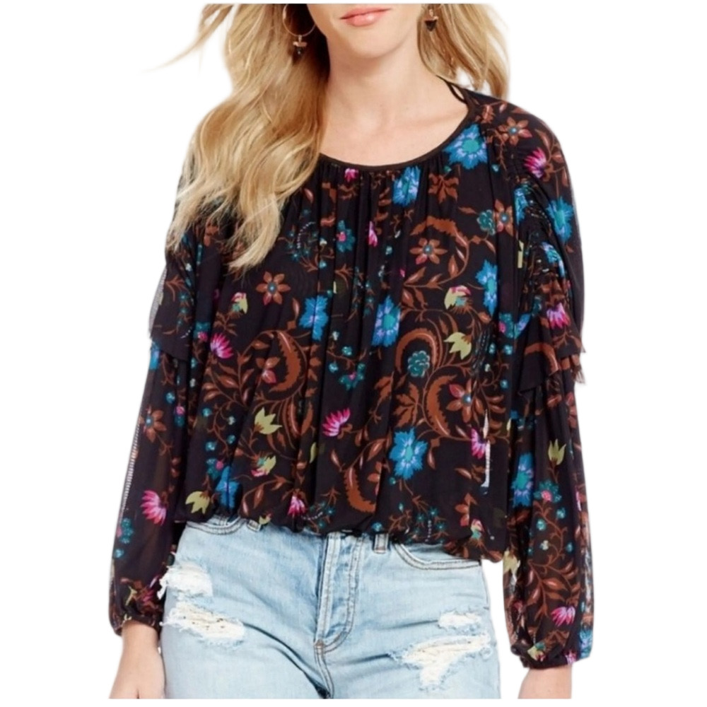 Free People Black Wildflower Honey Top Size M